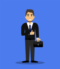 Happy businessman. Businessman showing thumbs up. Flat design.