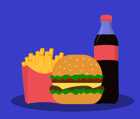 Fast food - hamburger, french fries and soda. Flat design.