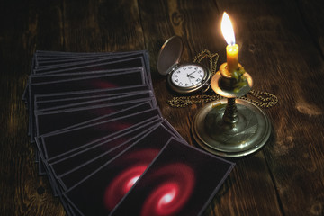 Tarot cards on the fortune teller table background. Future reading concept.