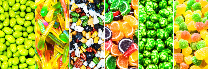 Set of various colored candies, sweets, chocolate. Background. View from above.