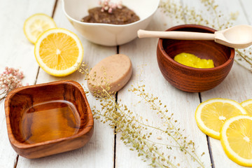 Fototapeta na wymiar Natural ingredients for skin care on wooden background