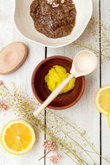Lemon body scrub, natural ingredients. Flat lay