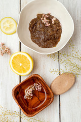 Coffee body scrub and oil for skin care. Clean beauty