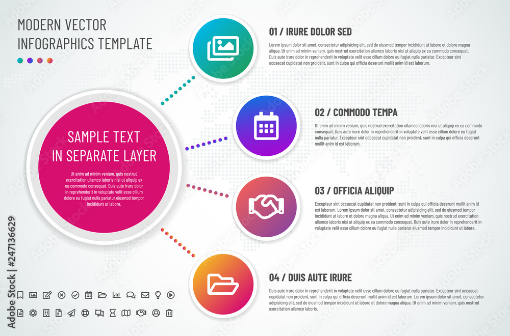 Poster infographics template with modern gradient circle frames and icons set