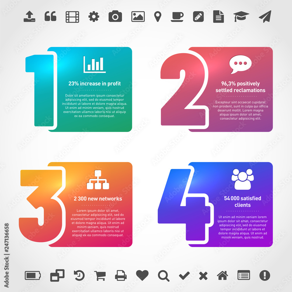Poster four shiny frames with numbers and modern gradients