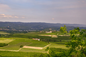 Panoramic view of hills and valleys in Langhe hills, an Italian Unesco World Heritage in springtime, Piedmont, Italy