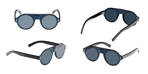 Set modern blue sunglasses in round frame isolated on white background. Collection summer glasses...