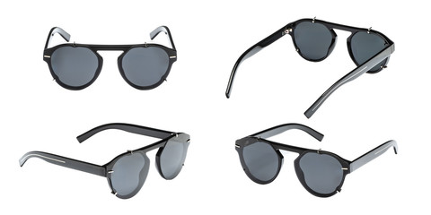 Set modern black sunglasses in round frame isolated on white background. Collection summer glasses...