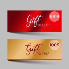 Valentines day luxury gift vouchers set. Red and golden color two design, on gray background. For a festive season Vector illustration EPS10. 