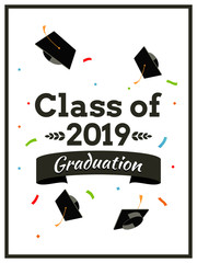 Black graduate caps and confetti. Vector background for banners, invitation card and greeting. Graduation Party concept.