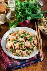 Fried rice with shrimp and vegetables served on a plate