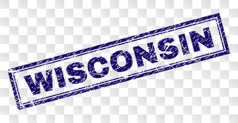 WISCONSIN stamp seal watermark with rubber print style and double framed rectangle shape. Stamp is placed on a transparent background. Blue vector rubber print of WISCONSIN text with dust texture.