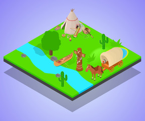 Native inhabitant concept banner. Isometric banner of native inhabitant vector concept for web, giftcard and postcard