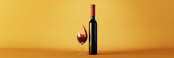 Glass and bottle of red wine, copy space original 3d rendering