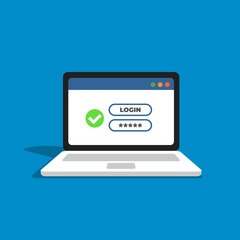 Login form page with green tick icon, username and password. Window browser with user authorization. Registration form. Vector illustration in flat style.