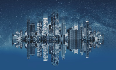 Futuristic modern buildings technology. Abstract cityscape with reflection and starry sky 