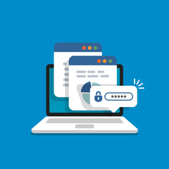 Notification with lock and password on screen laptop. Private access to documents. Window with user authorization. Vector illustration in flat style.