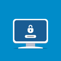 Lock and password on screen computer. Private access to documents. Window with user authorization. Vector illustration in flat style.