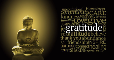 Golden Gratitude Meditating Buddha Banner - Buddha in lotus position with a golden glow beside a...