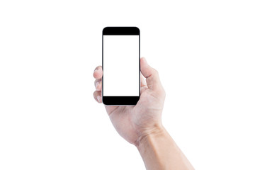 Hand holding mobile smart phone, blank white screen isolated on white background. Clipping path include