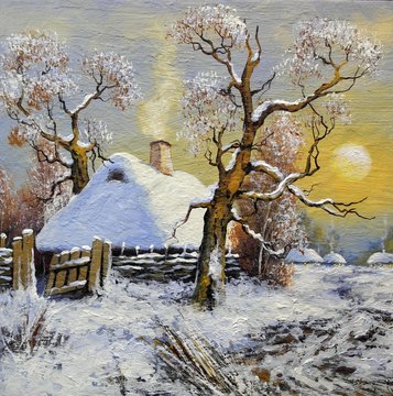 Oil paintings rural landscape. Winter, fine art.