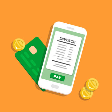 Notification on financial transaction. Smartphone with electronic bill. Coints and card on background. Vector illustration in flat style.