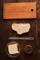 breads, butter and olives, concept of teasty home food close up on table