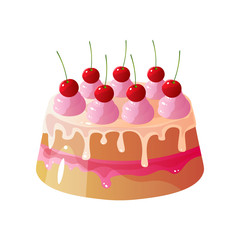 Delicious Cake with Whipped Cream and Cherries, Sweet Tasty Dessert Vector Illustration