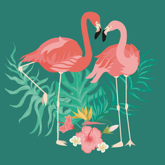 Tropical pink flamingo birds and exotic plants