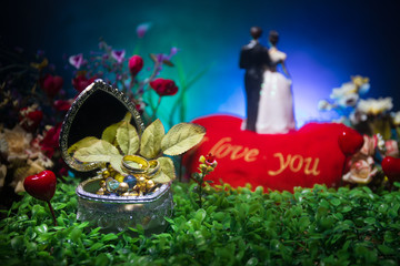 Will you marry me? Valentines Day artwork decoration. Beautiful bride with heart against dark toned background. Valentine greeting card decor.