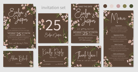 Set of wedding invitations, floral invitations, table, menu, thank you, rsvp card design. Branches of chamaelaucium, green leaves, needles with pink small flowers on a brown background. Vector