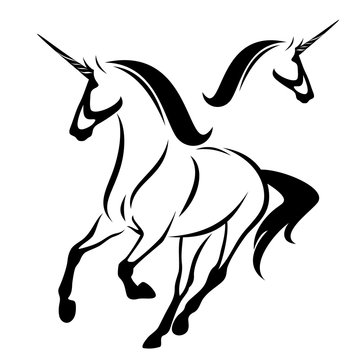 recommend clip art: running unicorn horse and fantasy animal profile head black and white vector outline