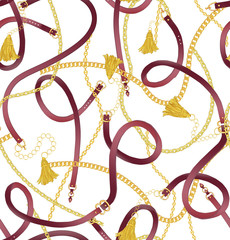 Seamless gold color chain, tassel and belts pattern on white background. Pattern for summer designs.