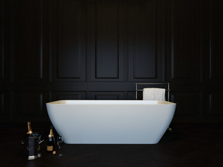 Dark luxury bathroom interior with bathtub and champagne. 3d image