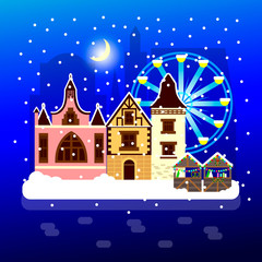 Vector illustration of Night Winter Moonlight city scene with snowfall. Landscape with elements of the Christmas market, stalls with gifts and the Ferris wheel.