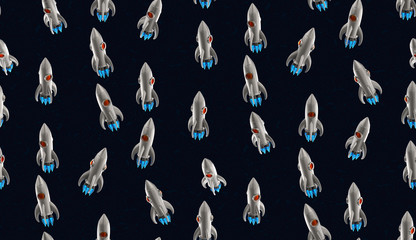 Seamless dark blue space shuttle texture with creative retro style rocket pattern design with metal toy render art background