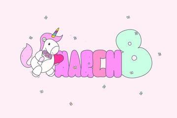 Postcard March 8th Unicorn Vector Flat Style Cartoon Style in Bed Color