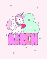 Fototapeta premium Postcard March 8th Unicorn Vector Flat Style Cartoon Style in Bed Color
