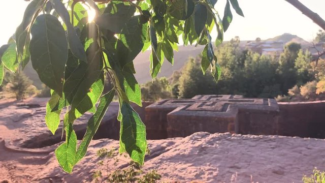 The rock-hewn monolithic Church of St. George at Lalibela as sun sets December 2018, tc01