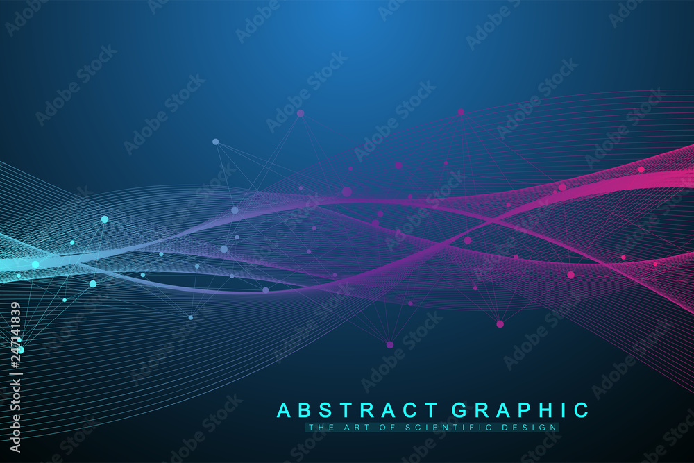 Poster Quantum computer technology concept. Deep learning artificial intelligence. Big data algorithms visualization for business, science, technology. Waves flow. Vector illustration