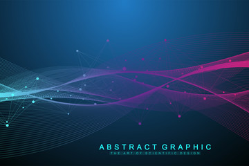 Naklejka premium Quantum computer technology concept. Deep learning artificial intelligence. Big data algorithms visualization for business, science, technology. Waves flow. Vector illustration