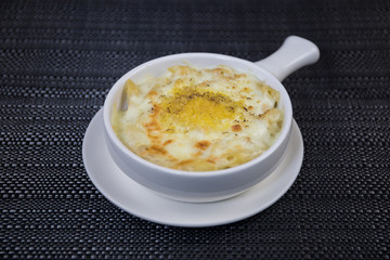 Close up view of plate with japanese food inside. Japan traditional food on wooden table.