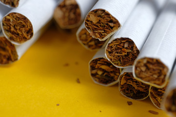 Several cigarettes lie with crumbs of tobacco on a yellow background. Close up.