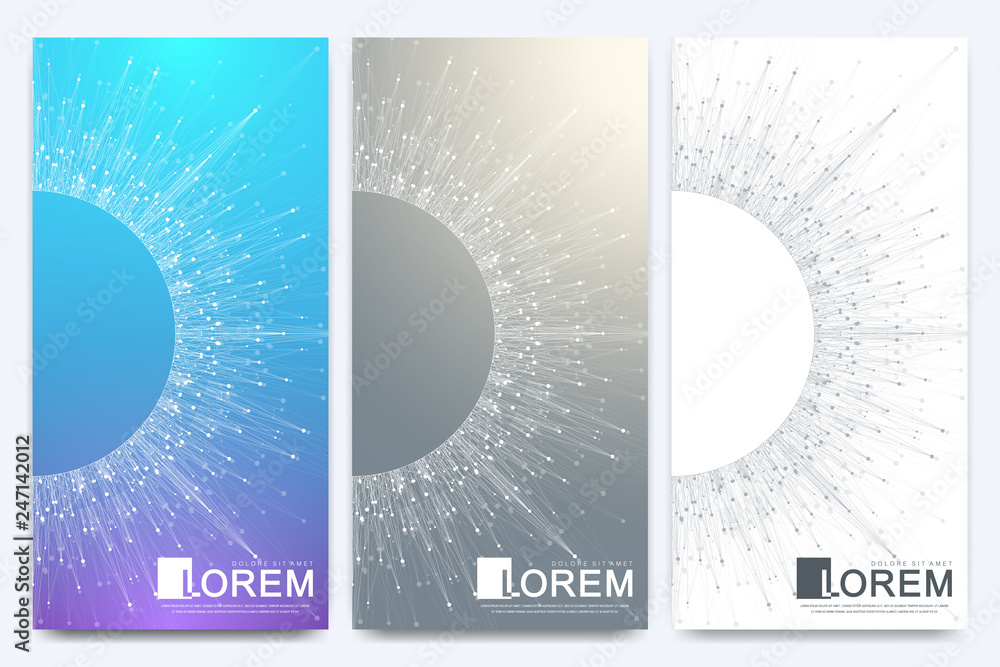 Poster modern set of vector flyers. geometric abstract presentation with golden mandala. molecule and commu