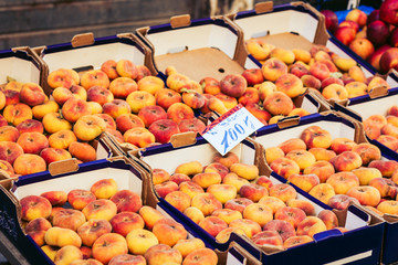 Various colorful fresh fruits in the fruit market, Catania, Sicily, Italy.