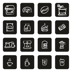 Coffee Shop Icons Freehand White On Black 