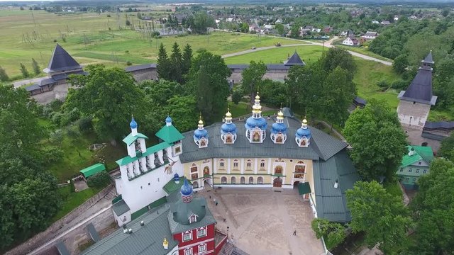 Aerial view on Pskov-Caves monastery or the Pskovo-Pechersky dormition monastery at summer, 4k