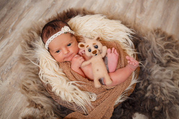 Newborn baby girl with a lion toy in her arms sleeps in the basket on the floor; brown background