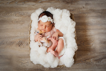 Newborn girl with a lion toy in her arms sleeps in the basket covered with white fur blanket on the floor; brown background