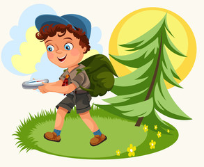 Cartoon kids following the compass in forest